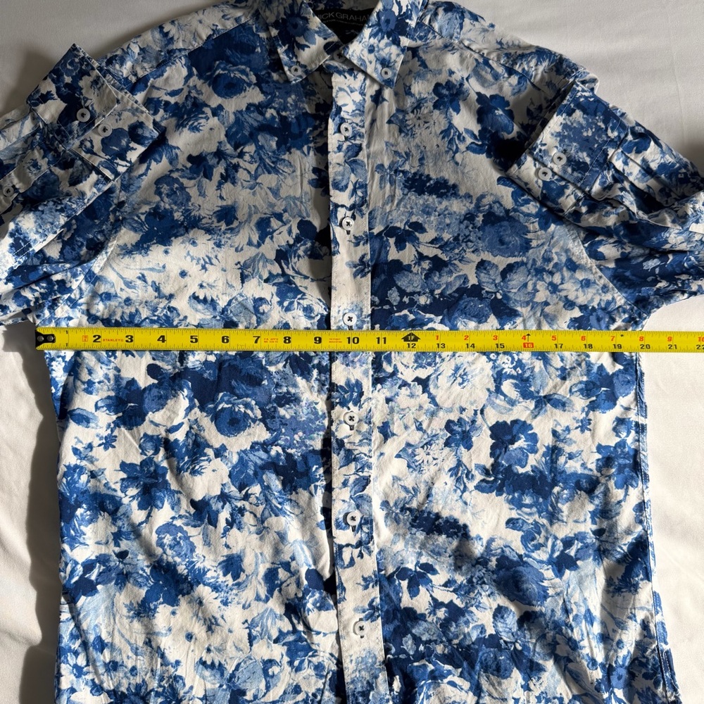 Nick Graham 100% Cotton Modern Fit Blue White Floral Men's Button Down Shirt - Picture 14 of 14